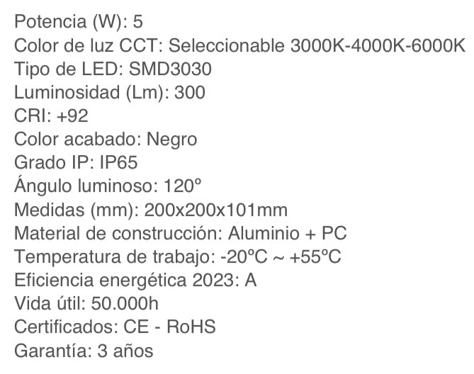 Baliza Solar LED Sobremuro 20x20cm CCT Seleccionable IP65 Aluminio Sin Cables