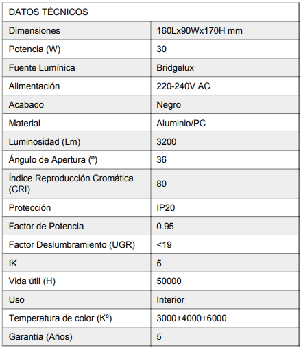 Foco LED para Carril Negro 30W Trifásico No Flicker de alto rendimiento con un diseño elegante y moderno. Con unas dimensiones de 160 mm de largo, 90 mm de ancho y 170 mm de alto, este foco es ideal para una instalación versátil en diversos entornos. Su potencia de 30w proporciona una luminosidad de 3200 lúmenes,. Equipado con tecnología Bridgelux, garantiza una alta calidad lumínica con un índice de reproducción cromática (CRI) de 80 y con un ángulo de apertura de 36º grados.