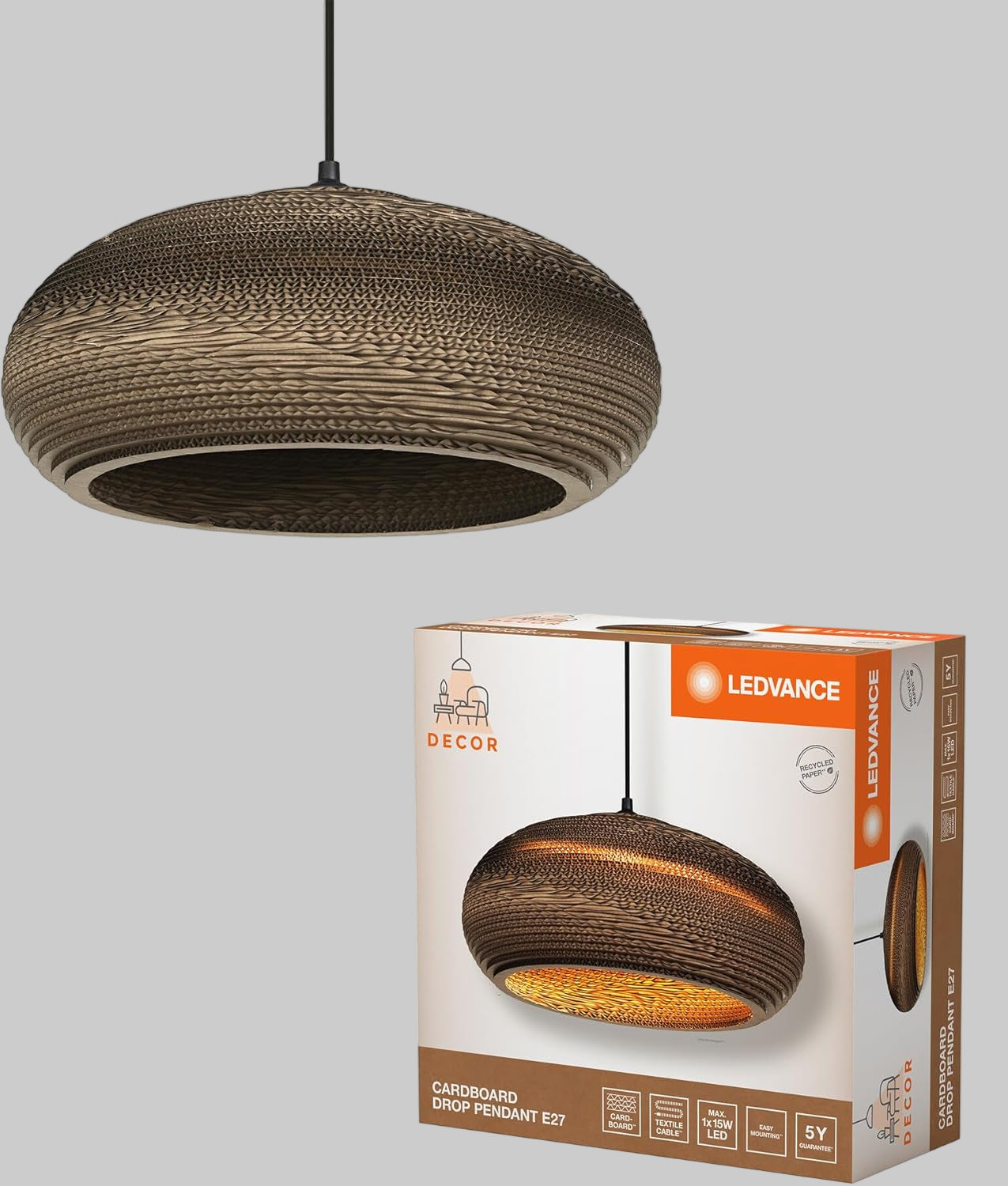 Lámpara Colgante Cartón Natural Reciclable E27 - Diseño Eco-Sostenible Cable Textil