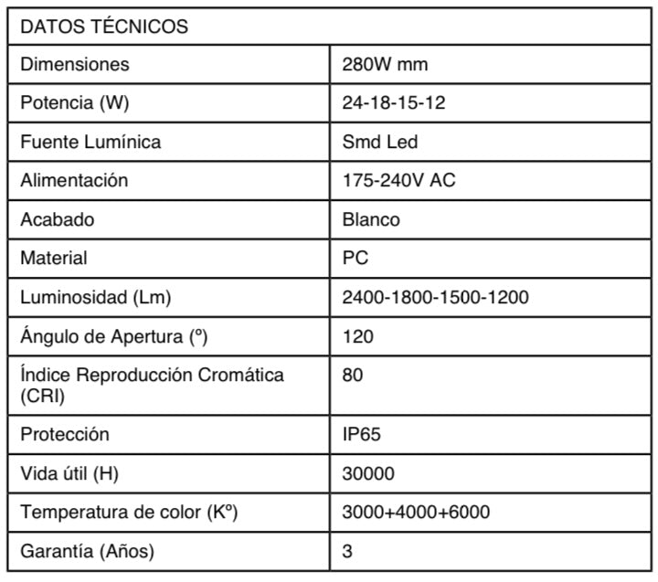 Plafón LED circular con una potencia variable de 12-15-18-24w. Este plafón se adapta a diversas necesidades de iluminación en espacios interiores y exteriores. Utiliza una fuente lumínica SMD LED, que proporciona una luminosidad ajustable de 2400-1800-1500-1200 lúmenes. Fabricado en policarbonato (PC) blanco, que lo hace estéticamente agradable y resistente a la vez. La protección IP65 garantiza que el plafón sea resistente al polvo y a la humedad.