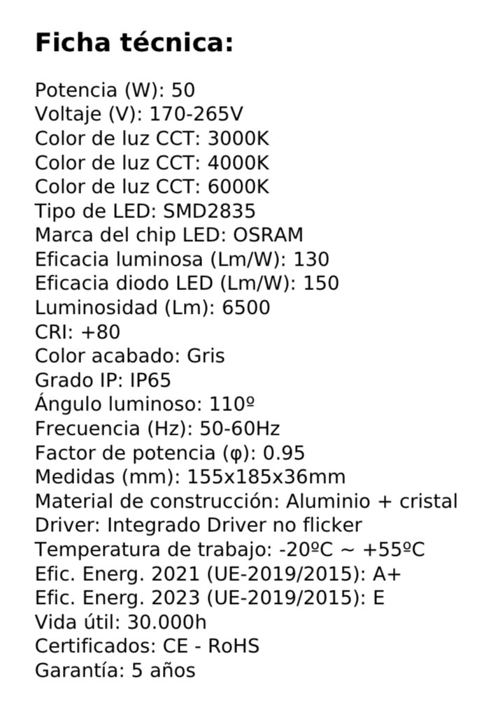 Foco Proyector LED SMD de 50w PRO con chipled OSRAM lo hacen idóneo para iluminar de manera eficaz y durable. Se trata de un producto con una clase energética A++