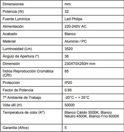 Foco led profesional para carril trifásico de 32w y 3520lm, con un ángulo de apertura de 36ºgrados. Dispone de driver de alta calidad Philips Xitanium. Fabricado en aluminio con acabado en blanco, el cual disipa perfectamente la temperatura, alcanzando un alto rendimiento de funcionamiento de 50.000 horas. Clase de Aislamiento Eléctrico II. Garantía de 5 años
