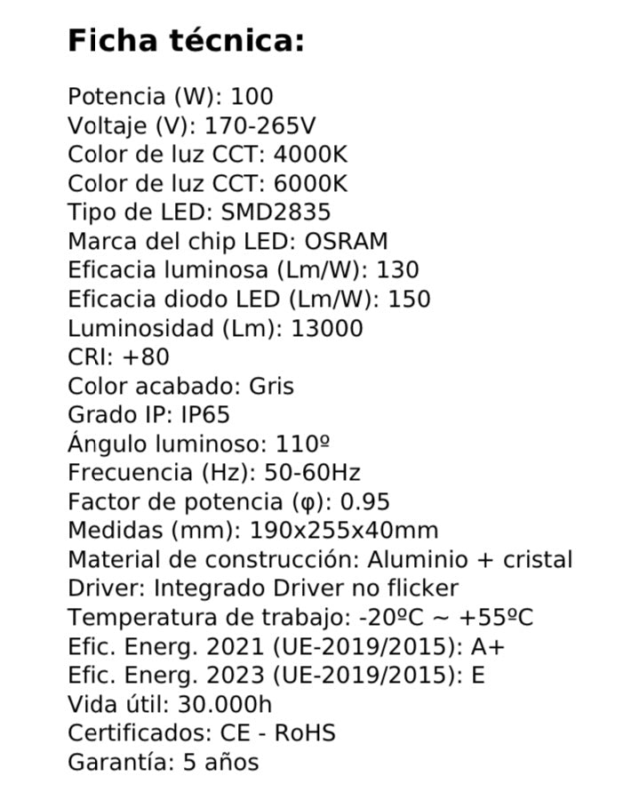 Foco Proyector LED SMD de 100w PRO con chipled OSRAM lo hacen idóneo para iluminar de manera eficaz y durable. Se trata de un producto con una clase energética A++