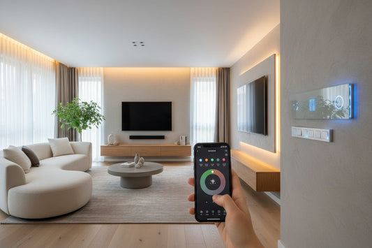 Hogar moderno con iluminación LED inteligente controlada desde smartphone para ahorrar energía