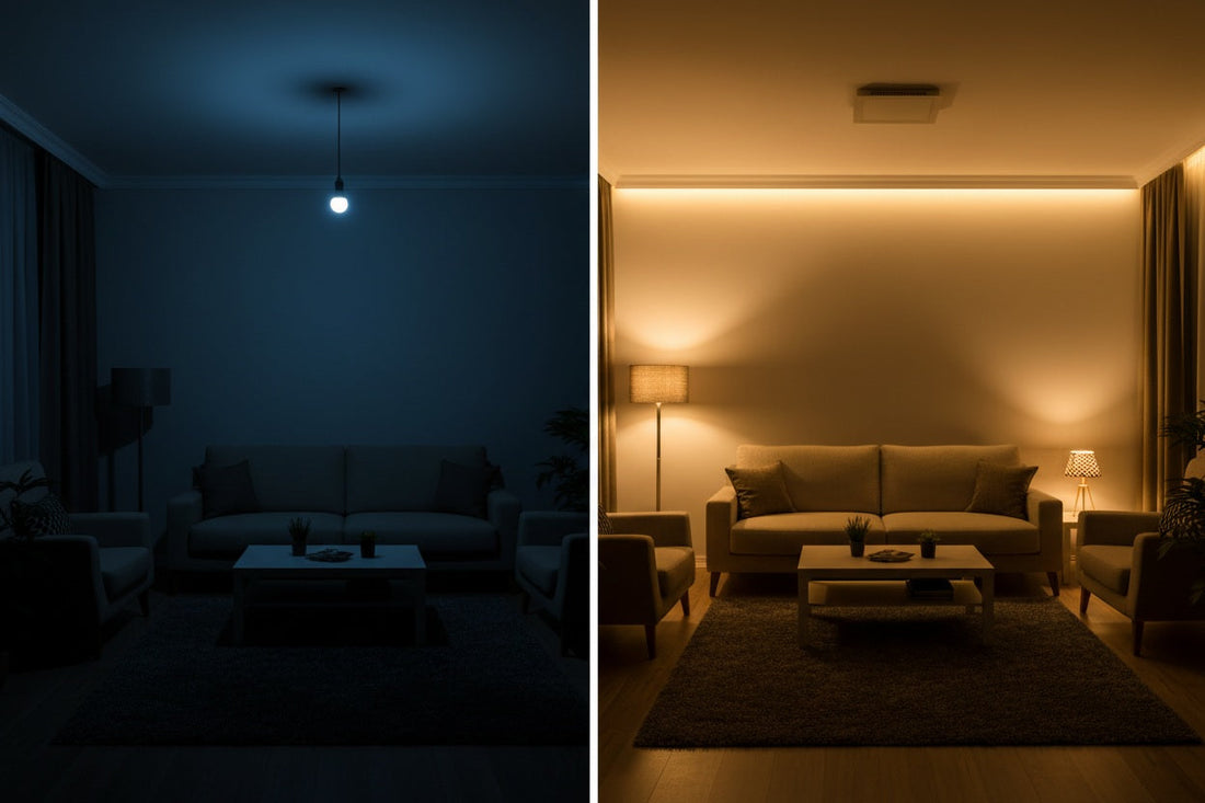 Comparativa de iluminación en el hogar: sala mal iluminada con una sola luz central vs sala bien iluminada con capas de luz LED cálida