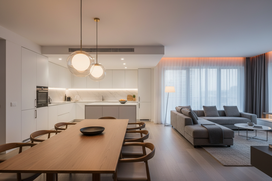 Guía de iluminación LED para el hogar: colgantes, downlights, tiras LED y lámpara de pie en un interior moderno