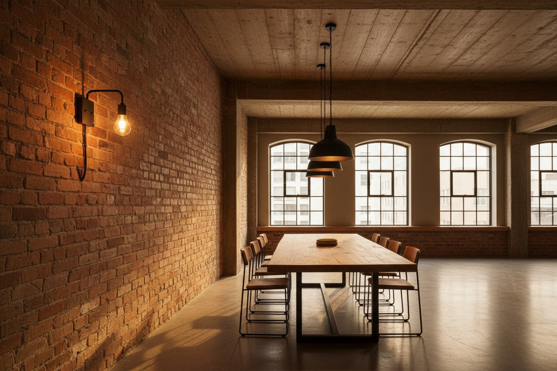 Loft con iluminación estilo industrial: colgantes de metal negro mate, bombillas de filamento Edison y pared de ladrillo visto