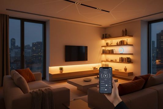 Hogar moderno con iluminación LED inteligente controlada desde smartphone y asistente de voz