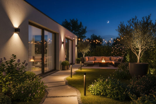 Jardín y terraza modernos iluminados con LED exterior: focos de piqueta, apliques de pared y balizas de camino con luz cálida