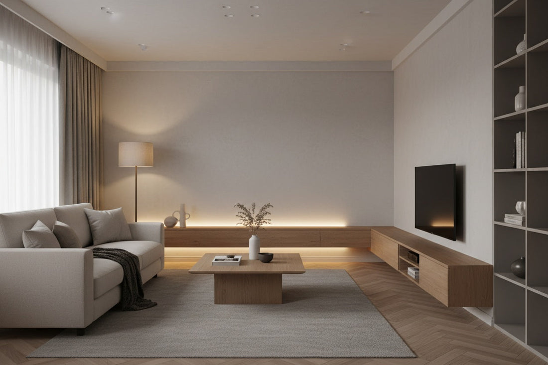Salón moderno con iluminación LED cálida: luz ambiental, lámpara de pie e iluminación indirecta combinadas