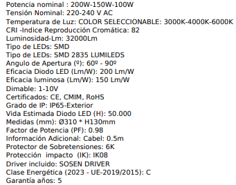 Campana industrial led multi potència 100/150/200w