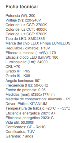 La Campana led ufo PHILIPS XITANIUM  Con una clasificación de protección IP65, es totalmente resistente al polvo y al agua, asegurando su funcionamiento impecable incluso en condiciones climáticas adversas. 
Además de su protección contra el polvo y el agua , esta campana LED cuenta con una resistencia al golpeo IK09. Su Driver Philips Xitanium NO FLICK se encarga de proporcionar una corriente constante a la campana  para evitar el parpadeo y garantizando una gran duravilidad.