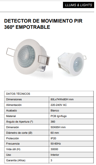 Detector de movimiento infrarrojo (PIR) para instalación en techos interiores, con grado de protección IP20. Su sensor infrarrojo permite detectar cuando alguien ingresa en su campo en un ángulo de 360° y un rango de distancia de hasta 8 metros. Identifica la luz de noche o de día, lo que permite aprovechar eficazmente la energía de los productos LED.
Potencia máxima soportada de 600W (LED) y 1200W (incandescente).