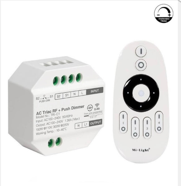 Regulador tipo pastilla a 220v con mando a distancia para tiras de led, neon, monocolores. Permite encender, apagar y ajustar la intensidad de la luz. Necesita una carga mínima de 150w y una máxima de 300w. 