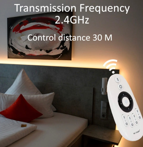 Regulador tipo pastilla a 220v con mando a distancia para tiras de led, neon, monocolores. Permite encender, apagar y ajustar la intensidad de la luz. Necesita una carga mínima de 150w y una máxima de 300w. 