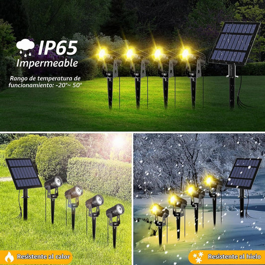 Kit de 4 focos solares LED de 5 W con estaca orientable, 3000 K, sensor crepuscular e IP65