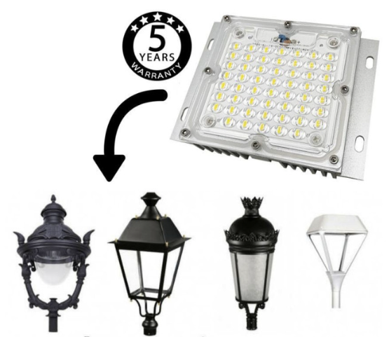 El módulo LED de 40W es una opción ideal para la iluminación exterior en el alumbrado público. Con una potencia de 40W y un rendimiento de 135Lm/W, proporciona un flujo luminoso de 5400 lúmenes, asegurando una iluminación brillante y eficiente.
Fabricado con chip LED BridgeLUX, este módulo LED ofrece una garantía de 5 años, asegurando durabilidad y fiabilidad a largo plazo. 