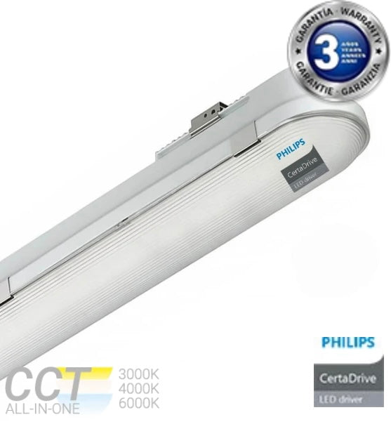 Pantalla estanca de 150cm potencia seleccionable (35W/ 45W/ 55W) y temperatura seleccionable (CCT). Equipada con driver Philips CertaDrive, conexión por ambos extremos y además protección IP65 e IK08.