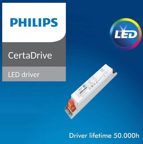 Pantalla estanca Philips con selección de potencia (30W / 40W / 45W / 55W) y temperatura de color 3CCT (3000K / 4000K / 6000K). Equipada con driver Philips Xitanium