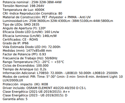 Pantalla regleta estanca 150cm multipotencia con sensor de movimiento