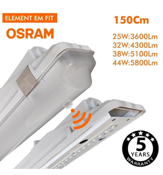 Pantalla regleta estanca 150cm con sensor de movimiento PIR. Potencia ajustable de 25 a 44w. Driver y leds Osram de alta calidad. IP66 y 5 años  de garantía