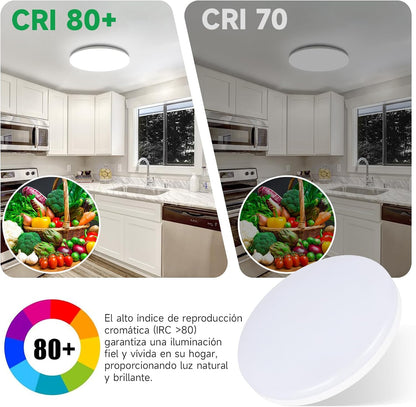 Plafón LED circular con una potencia variable de 12-15-18-24w. Este plafón se adapta a diversas necesidades de iluminación en espacios interiores y exteriores. Utiliza una fuente lumínica SMD LED, que proporciona una luminosidad ajustable de 2400-1800-1500-1200 lúmenes. Fabricado en policarbonato (PC) blanco, que lo hace estéticamente agradable y resistente a la vez. La protección IP65 garantiza que el plafón sea resistente al polvo y a la humedad.