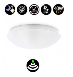 Plafón E27 con detector de Movimiento Radar Ø300 mm es el sistema ideal para ahorrar luz en espacios y circunstancias donde podemos despistarnos y dejar la luz encendida sin necesidad. Podemos ajustar el funcionamiento del plafón como la distancia de detección de 1 a 8 metros o el tiempo de encendido entre 10 segundos y 12 minutos. Cuenta con una velocidad de detección de 0.6-1.5 m/s.