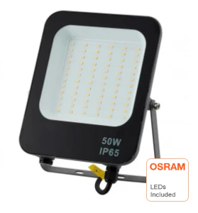 Foco proyector LEDs Osram de construcción robusta y eficiente para la iluminación en diversas aplicaciones. Acabado en color negro su estructura está construida de aluminio y cristal, proporcionando durabilidad y resistencia en diversos entornos. Puede alimentarse con corriente alterna en un rango de 200 a 265V AC, con un ángulo de apertura de 120 grados.
