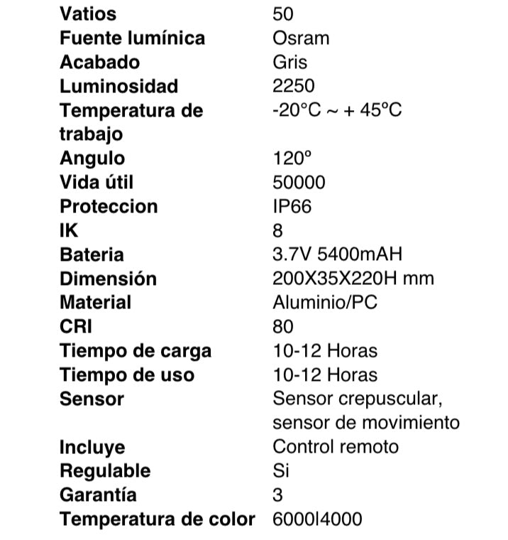 Foco solar LED para exteriores a prueba de agua IP65 puede funcionar normalmente en condiciones de lluvia, aguanieve y nieve, adecuada para su patio, terraza, garaje, estadio, área de juegos abierta y otros lugares.
La batería de litio de 3.2V 20000mAh garantiza un tiempo de carga rápido de 10-12 horas y un tiempo de uso prolongado de 10-12 horas