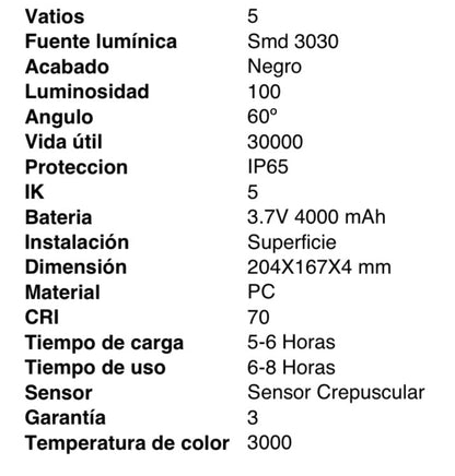 Kit de 4 focos solares. La batería se carga automáticamente durante el día y tiene una autonomía de hasta 12h. Por la noche las luces se encienden de manera automática.
Al incorporar energía solar, estas luminarias son ecológicas, respetuosas con el medio ambiente, de bajo voltaje y seguras.
Disponible en blanco cálido (3000K).