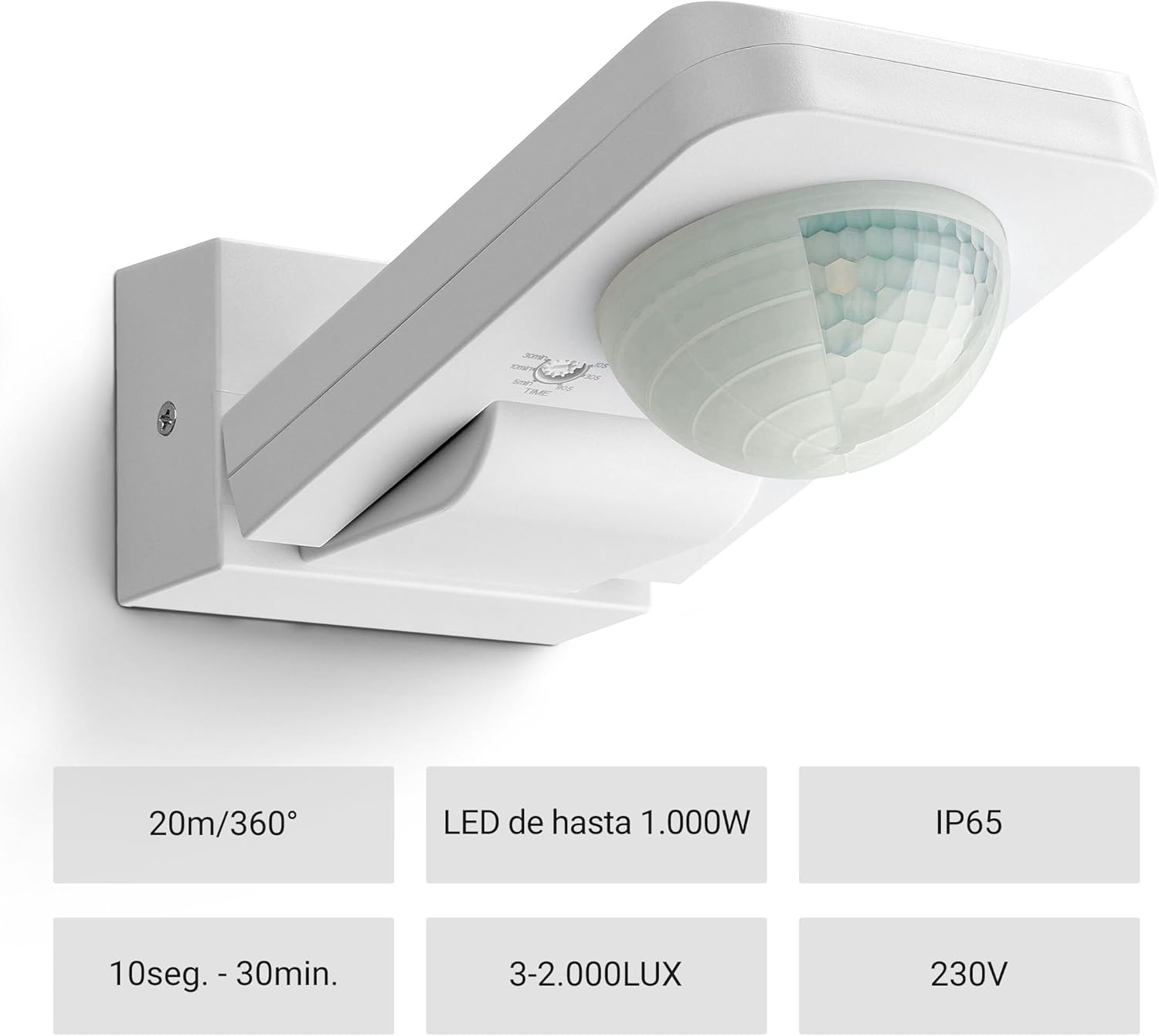 El detector de movimiento tiene un amplio rango de detección de  aproximadamente 20 metros y un ángulo de visión de 360°.
ajuste individual de la intensidad de luz (LUX) y los parámetros de tiempo.