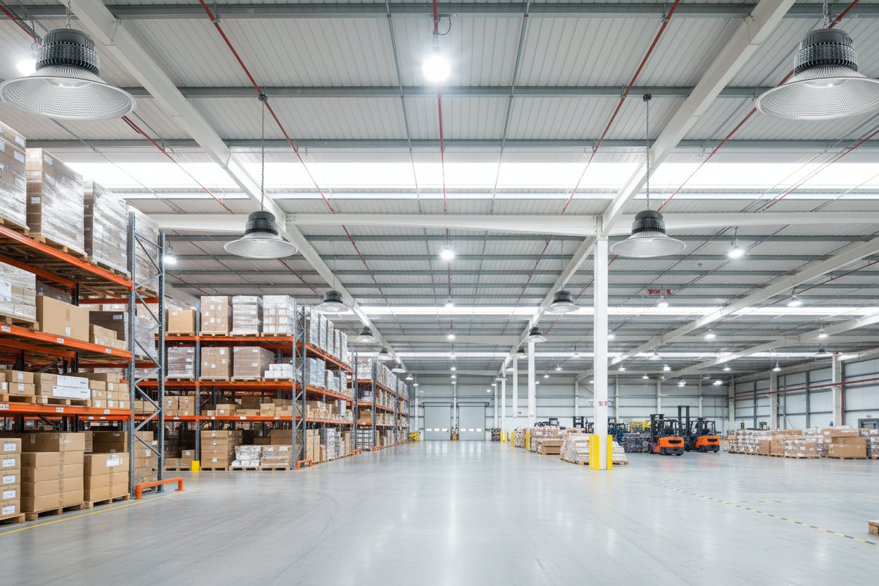 Almacén industrial con campanas LED eco instaladas