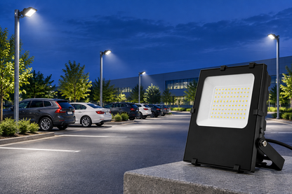 Banner d’un pàrquing il·luminat amb els projectors LED professionals