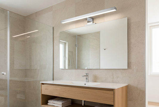 Bany modern amb l’aplic Half instal·lat al mirall