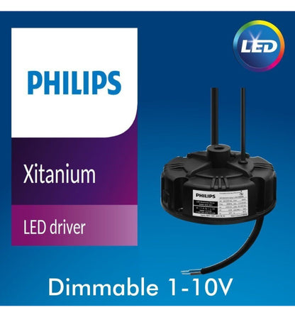 La Campana led ufo PHILIPS XITANIUM  con una clasificación de protección IP65, es totalmente resistente al polvo y al agua, asegurando su funcionamiento impecable incluso en condiciones climáticas adversas. 
Además de su protección contra el polvo y el agua , esta campana LED cuenta con una resistencia al golpeo IK09. Su Driver Philips Xitanium NO FLICK se encarga de proporcionar una corriente constante a la campana  para evitar el parpadeo y garantizando una gran duravilidad.