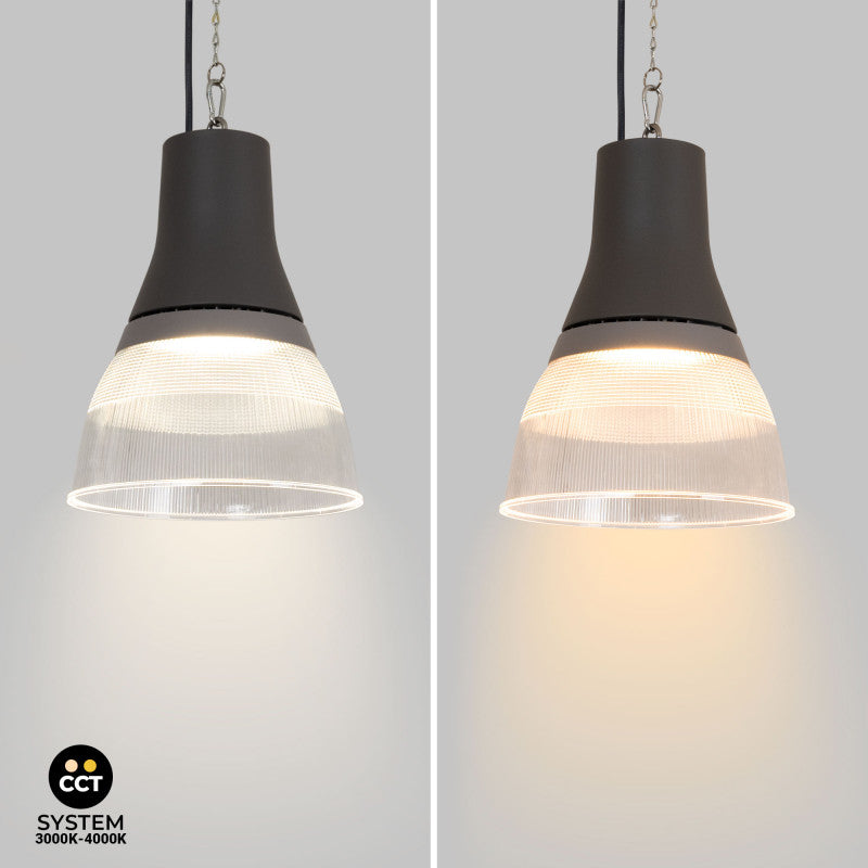 Campana LED Industrial decorativa con reflector de 90º de 25 a 80W, color  CCT Seleccionable. Incorpora  un reflector de policarbonato, logrando una estética que evoca las campanas led tradicionales con un gran confort visual y estético.