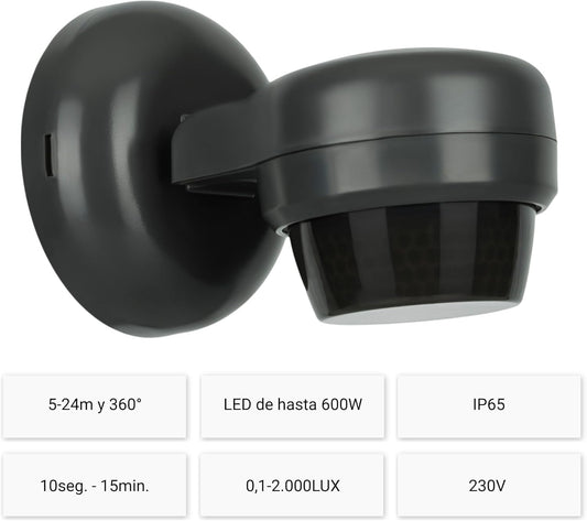 Detector de Movimiento Exterior IP65 360° Techo / 180° Pared — Alcance hasta 24 m