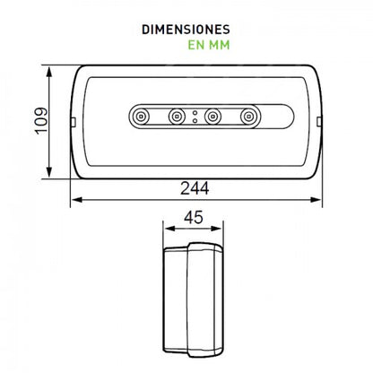 Esquema dimensiones de la Luz de emergencia Legrand Ura 21 led Plus 100 lúmenes con un consumo de 4w&nbsp; Permanente/ No permanente. Autonomía de 1 hora. Norma UNE-EN 60598-2-22. Apta para locales de pública concurrencia. Protección IP42 - IK04