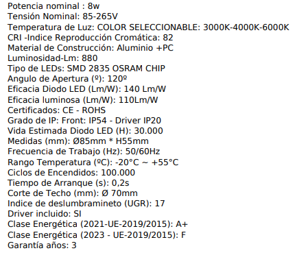 Foco downlight circular empotrable de color blanco, con un flujo luminoso de 110 lúmenes x w. Fabricado en aluminio y PC, el foco downlight LED incorpora leds Osram SMD2835 de alto brillo, y un driver externo con función de selector de temperatura de color CCT entre 3000K / 4000K / 6000K. Tiene un elevado índice de reproducción cromática CRI+82 y un grado de protección IP54
