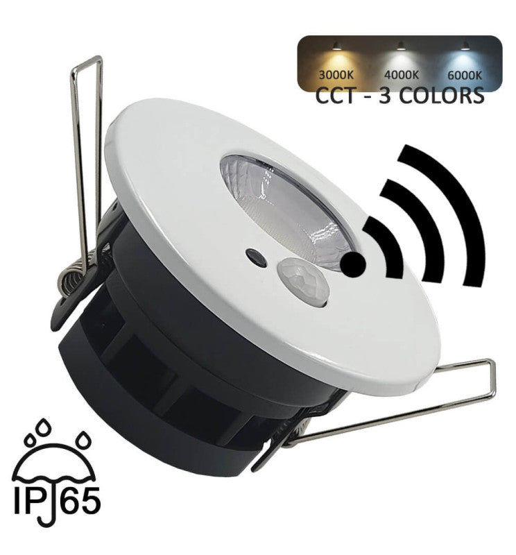Foco empotrable circular de 7w de potencia, que incorpora un detector de presencia PIR programable con tecnología CCT que te permite elegir entre tres tonos de luz diferentes (3000K, 4000K y 6000K), adaptándose a tus preferencias. Puede ser programado de 1 a 15 minutos y la luminosidad se puede ajustar en un rango de 0 a 3000 Luxes con un ángulo de apertura de 60 grados. Es apto para interior o exterior con un IP65.