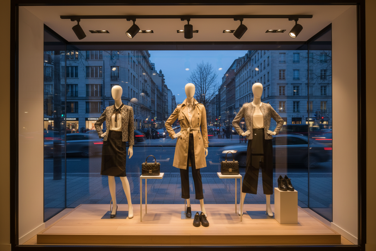 Escaparate con focos LED en carril trifásico