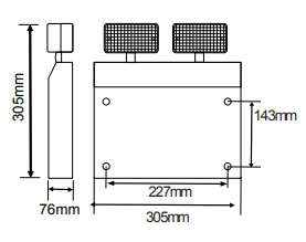 Esquema de dimensiones foco proyector de emergencia industrial de 2x6w 400 lúmenes, con autonomía de 3 horas. No permanente. Solo se activa cuando se interrumpe el suministro eléctrico. Incorpora una batería Ni-Cd de 3.6V y 4.5Ah, con protección contra sobredescarga y un tiempo de recarga de 24 horas. Indicadores LED de estado.