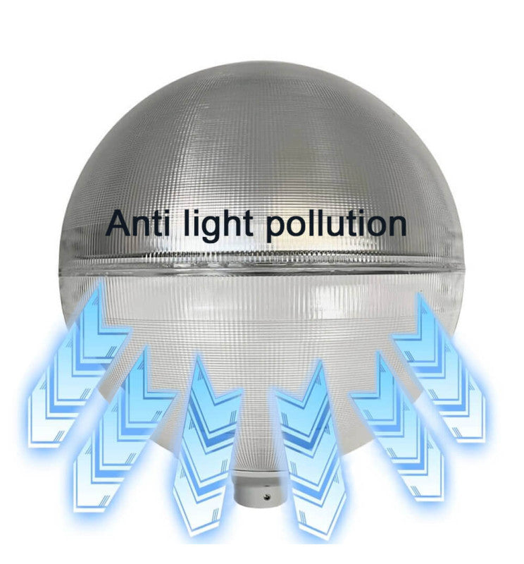 Farola Vial tipo Globo fabricada en PMMA con un reflector interior de aluminio, diseñada especialmente para reducir la contaminación lumínica tanto en áreas urbanas como residenciales. El PMMA es un material altamente resistente a la radiación UV y no amarillea, garantizando una vida útil superior a 15 años. Admite cualquier tipo de bombilla LED con casquillo E27, siendo recomendada de alta potencia entre 40w y 50w. Dimensiones Ø 480mm para puntas de farolas de Ø 60mm