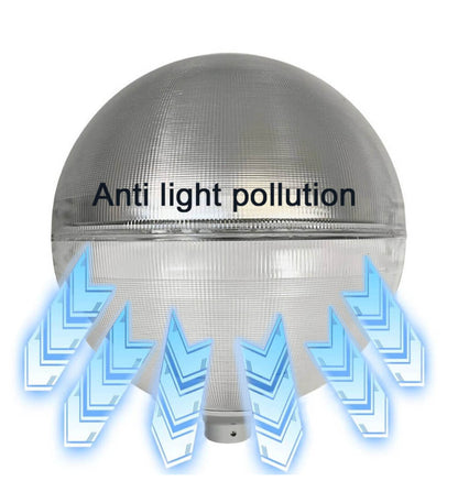 Farola Vial tipo Globo fabricada en PMMA con un reflector interior de aluminio, diseñada especialmente para reducir la contaminación lumínica tanto en áreas urbanas como residenciales. El PMMA es un material altamente resistente a la radiación UV y no amarillea, garantizando una vida útil superior a 15 años. Admite cualquier tipo de bombilla LED con casquillo E27, siendo recomendada de alta potencia entre 40w y 50w. Dimensiones Ø 480mm para puntas de farolas de Ø 60mm