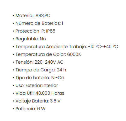 Ficha técnica foco proyector de emergencia industrial de 2x6w 400 lúmenes, con autonomía de 3 horas. No permanente. Solo se activa cuando se interrumpe el suministro eléctrico. Incorpora una batería Ni-Cd de 3.6V y 4.5Ah, con protección contra sobredescarga y un tiempo de recarga de 24 horas. Indicadores LED de estado.