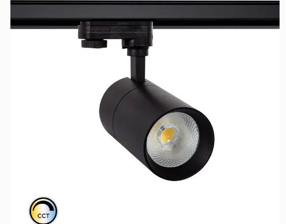 Foco LED 30W Regulable No Flicker  CCT Seleccionable  para Carril Trifásico. CCT se define en grados Kelvin, según la percepción de color de un LED blanco al ojo humano, podemos diferenciarlos en 3 tipos de color; una luz cálida, una luz neutra y una luz fría, de 2700-3500K, 4000-4500K y 5000-6500K respectivamente