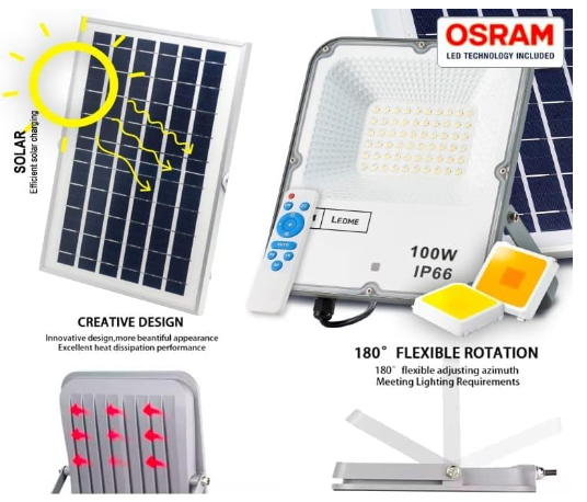 Foco solar LED para exteriores a prueba de agua IP65 puede funcionar normalmente en condiciones de lluvia, aguanieve y nieve, adecuada para su patio, terraza, garaje, estadio, área de juegos abierta y otros lugares.
La batería de litio de 3.2V 20000mAh garantiza un tiempo de carga rápido de 10-12 horas y un tiempo de uso prolongado de 10-12 horas