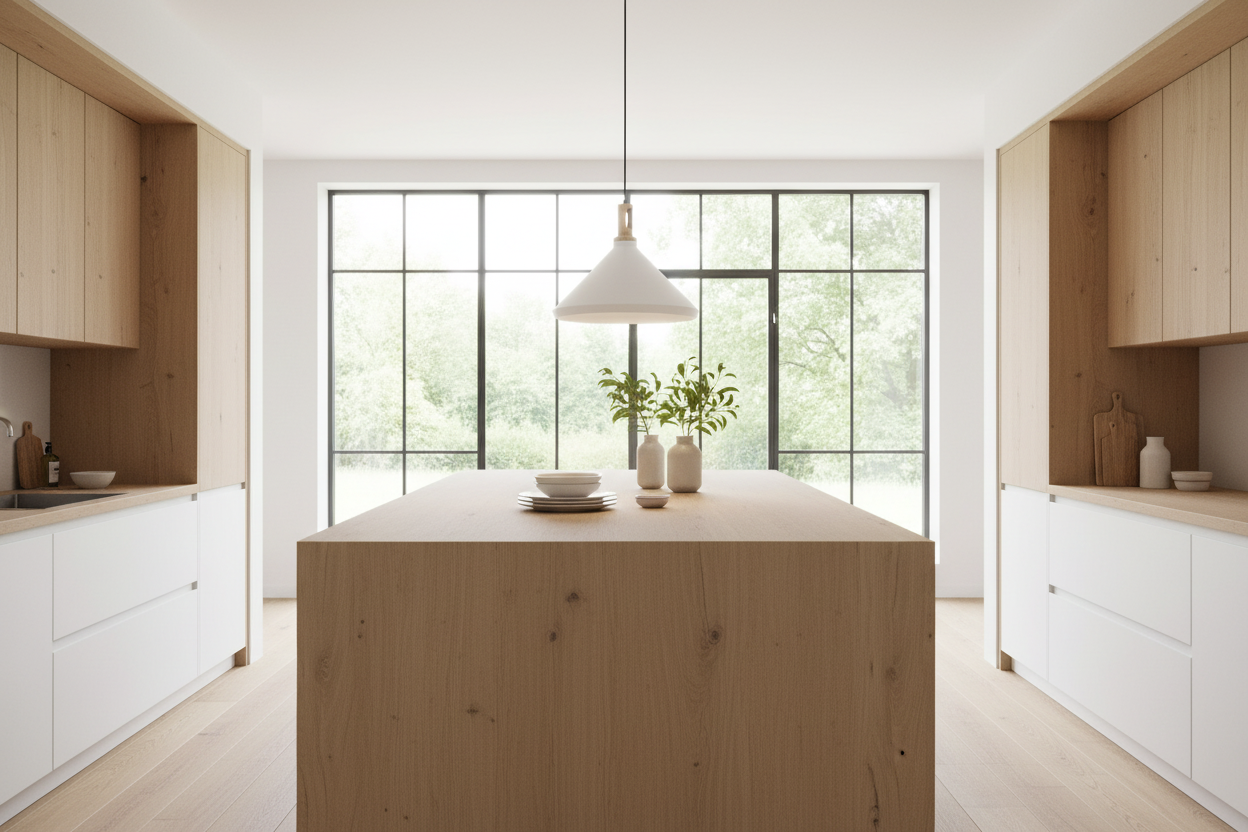 Lámpara colgante decorativa madera cristal metal en cocina moderna estilo nórdico