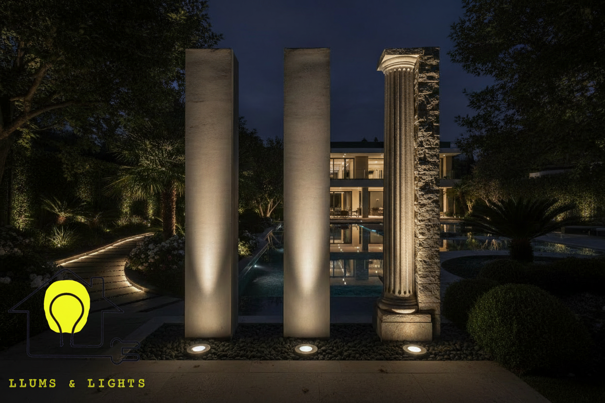 Focos empotrados de suelo GU10 iluminando columnas en jardín exterior nocturno