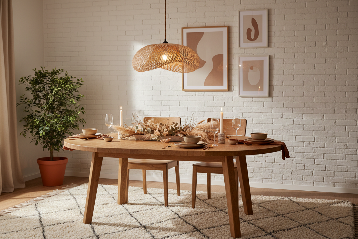 Lámpara colgante mimbre sobre mesa de comedor